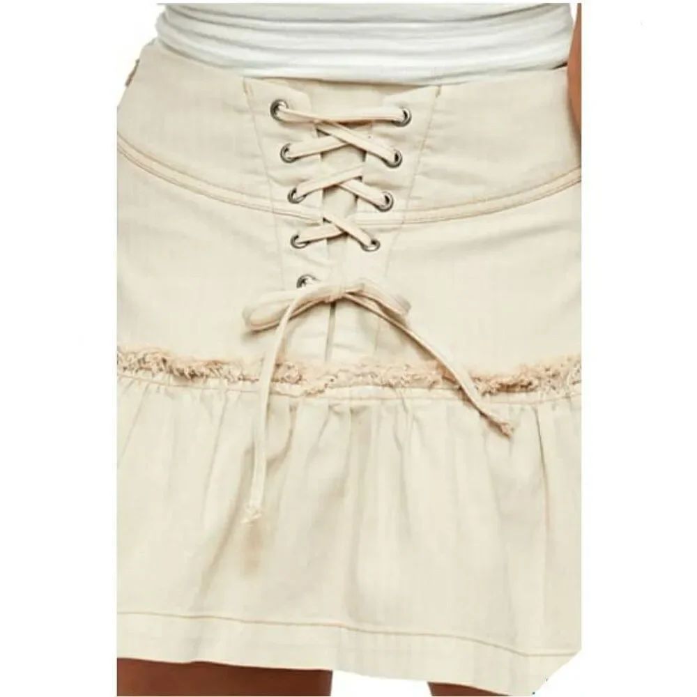 NWT Free People Positano Lace Up Mini Skirt Ruffle Tan Beige Size 8 M